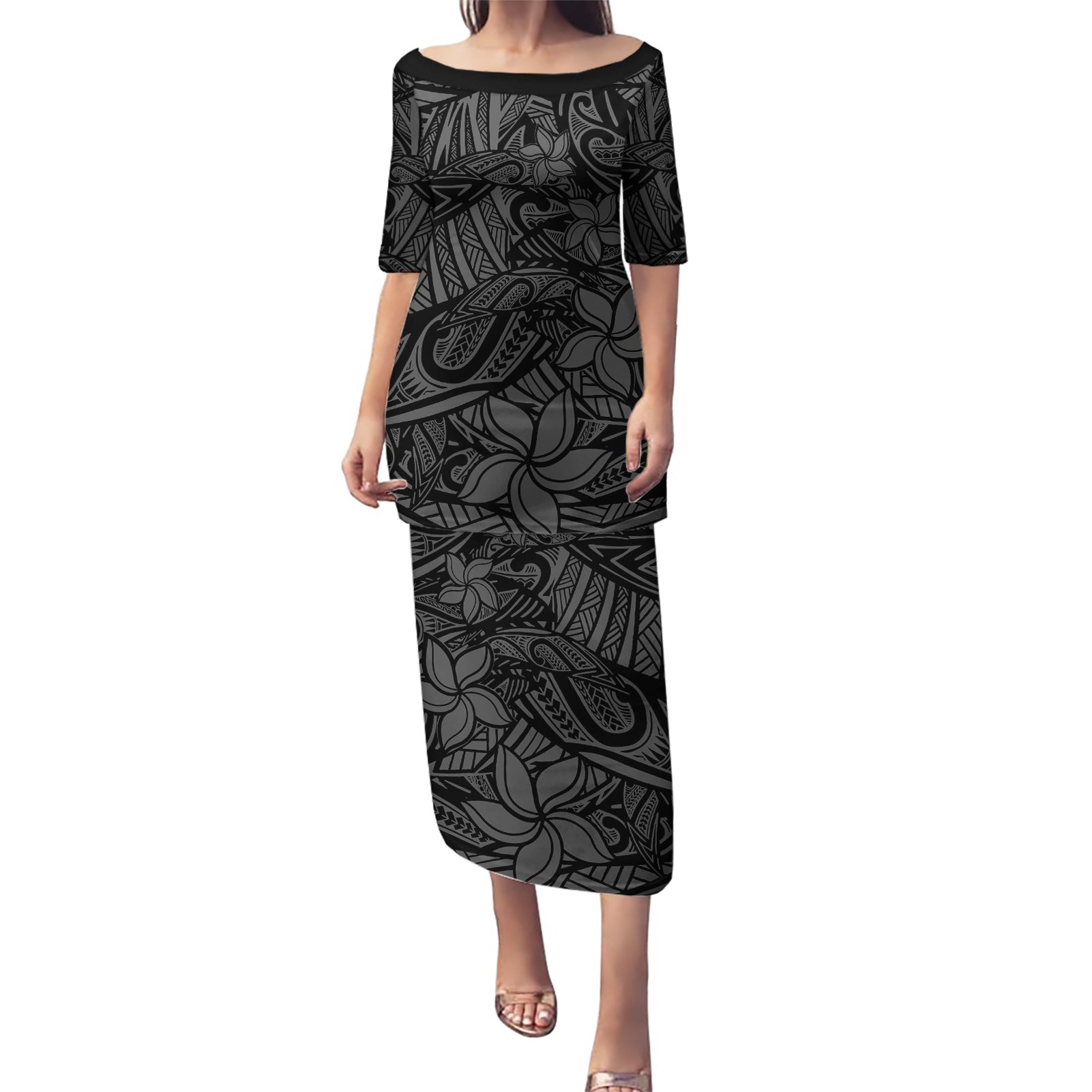 Polynesia Puletasi Polynesian Pattern Mix Plumeria Black LT14 Long Dress Black - Polynesian Pride