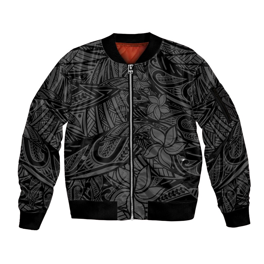 Polynesia Sleeve Zip Bomber Jacket Polynesian Pattern Mix Plumeria Black LT14 Unisex Black - Polynesian Pride