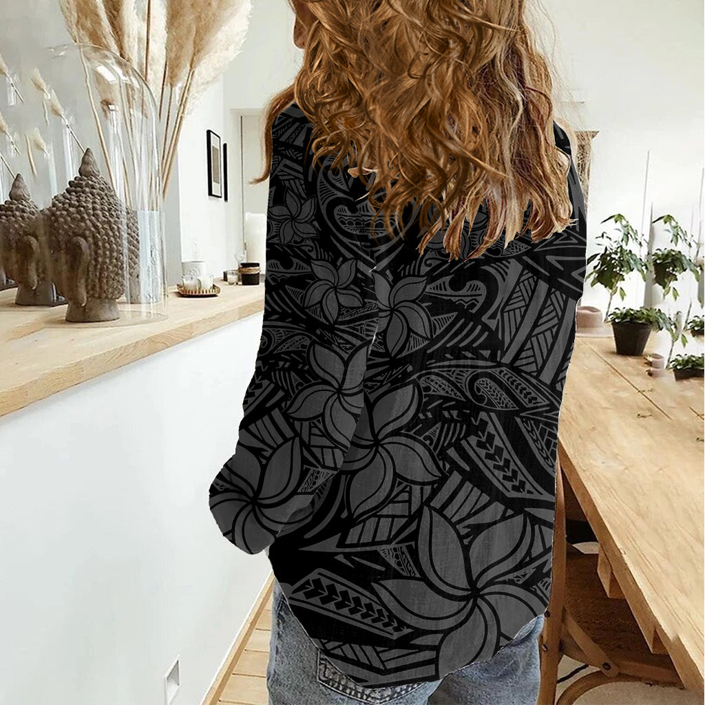 Polynesia Women Casual Shirt Polynesian Pattern Mix Plumeria Black LT14 - Polynesian Pride