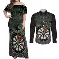 Personalised New Zealand Darts Couples Matching Off Shoulder Maxi Dress and Long Sleeve Button Shirt Dartboard Maori Fern Puhoro Art