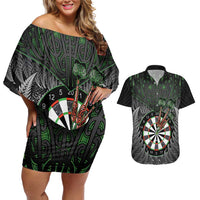 Personalised New Zealand Darts Couples Matching Off Shoulder Short Dress and Hawaiian Shirt Dartboard Maori Fern Puhoro Art