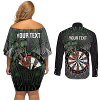 Personalised New Zealand Darts Couples Matching Off Shoulder Short Dress and Long Sleeve Button Shirt Dartboard Maori Fern Puhoro Art