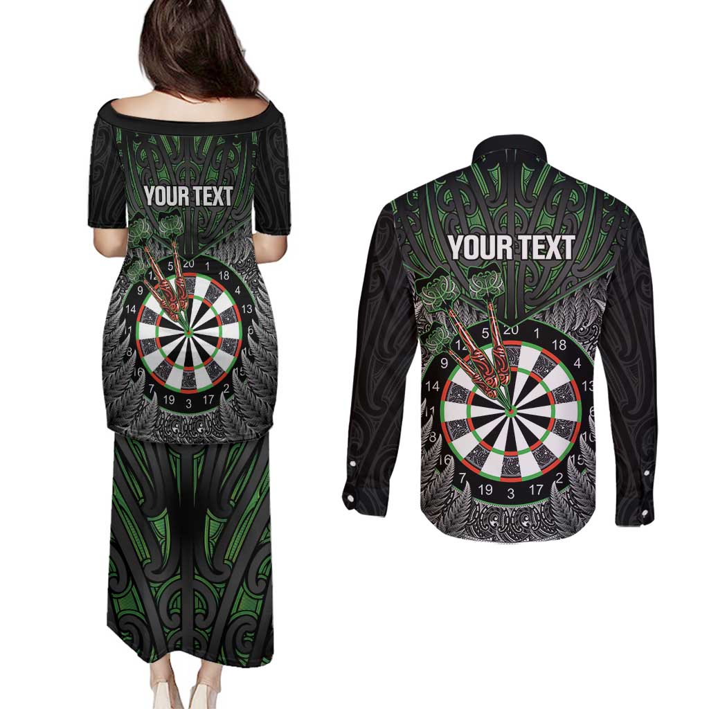 Personalised New Zealand Darts Couples Matching Puletasi and Long Sleeve Button Shirt Dartboard Maori Fern Puhoro Art