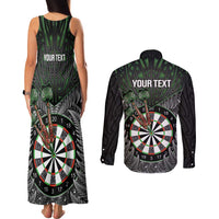 Personalised New Zealand Darts Couples Matching Tank Maxi Dress and Long Sleeve Button Shirt Dartboard Maori Fern Puhoro Art