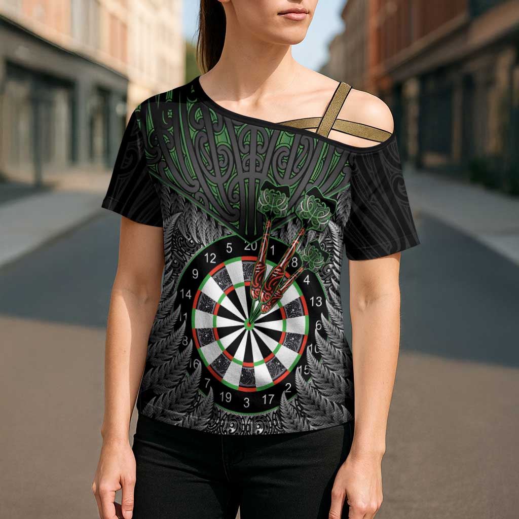 Personalised New Zealand Darts Cross Shoulder Shirt Dartboard Maori Fern Puhoro Art - Polynesian Pride