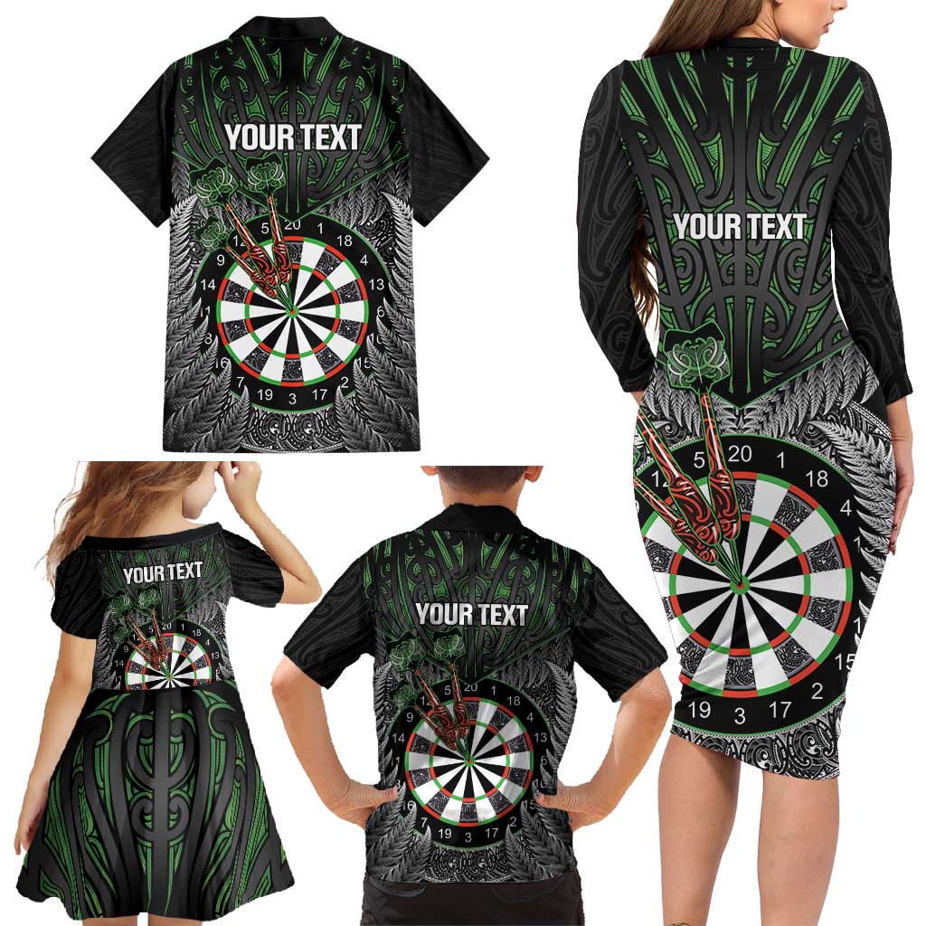 Personalised New Zealand Darts Family Matching Long Sleeve Bodycon Dress and Hawaiian Shirt Dartboard Maori Fern Puhoro Art