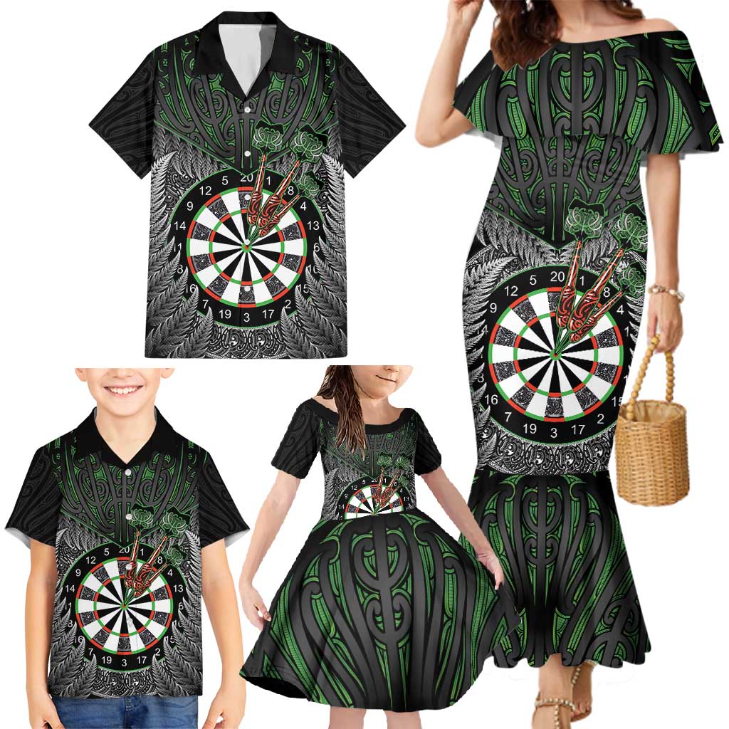 Personalised New Zealand Darts Family Matching Mermaid Dress and Hawaiian Shirt Dartboard Maori Fern Puhoro Art