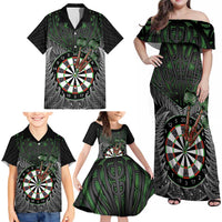 Personalised New Zealand Darts Family Matching Off Shoulder Maxi Dress and Hawaiian Shirt Dartboard Maori Fern Puhoro Art