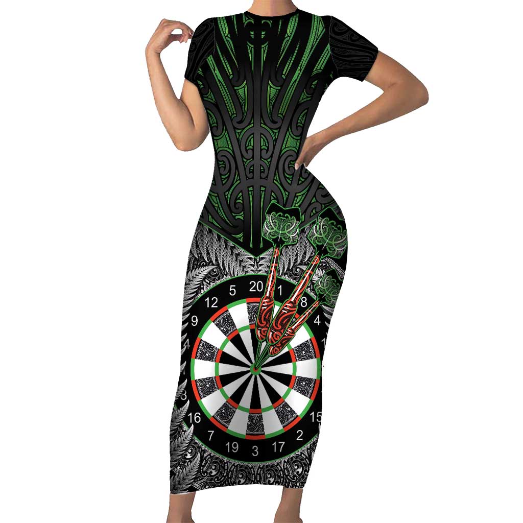 Personalised New Zealand Darts Family Matching Short Sleeve Bodycon Dress and Hawaiian Shirt Dartboard Maori Fern Puhoro Art