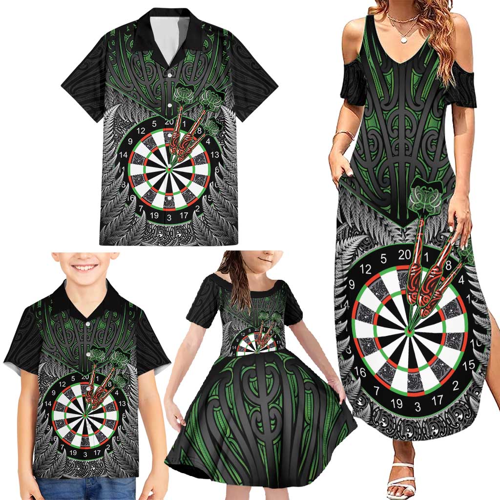 Personalised New Zealand Darts Family Matching Summer Maxi Dress and Hawaiian Shirt Dartboard Maori Fern Puhoro Art