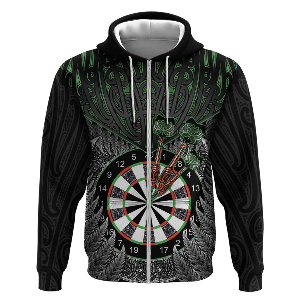 Personalised New Zealand Darts Hoodie Dartboard Maori Fern Puhoro Art