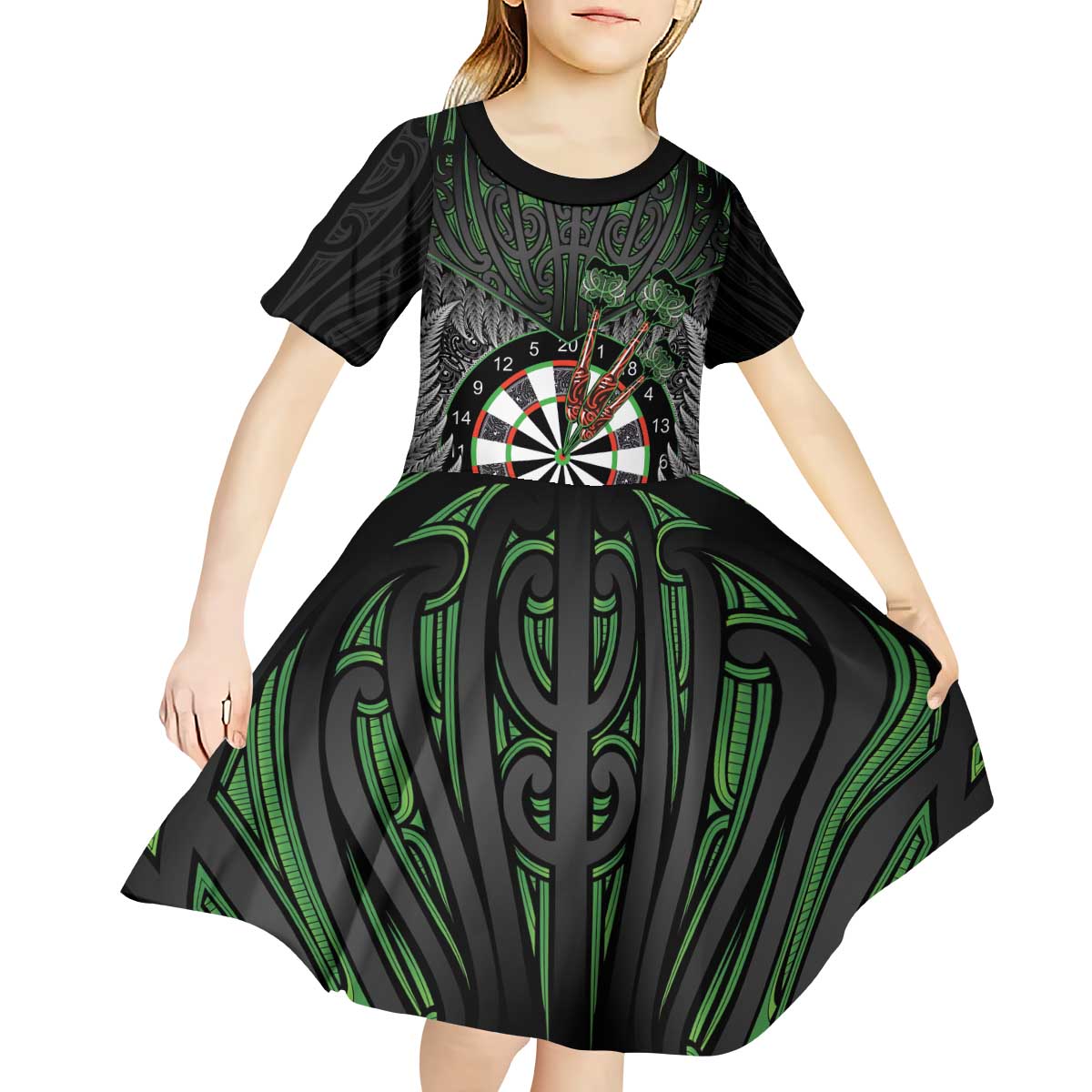Personalised New Zealand Darts Kid Short Sleeve Dress Dartboard Maori Fern Puhoro Art