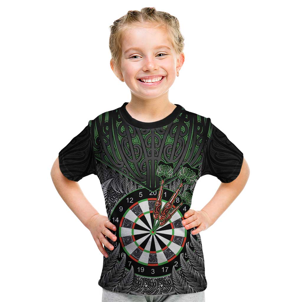 Personalised New Zealand Darts Kid T Shirt Dartboard Maori Fern Puhoro Art