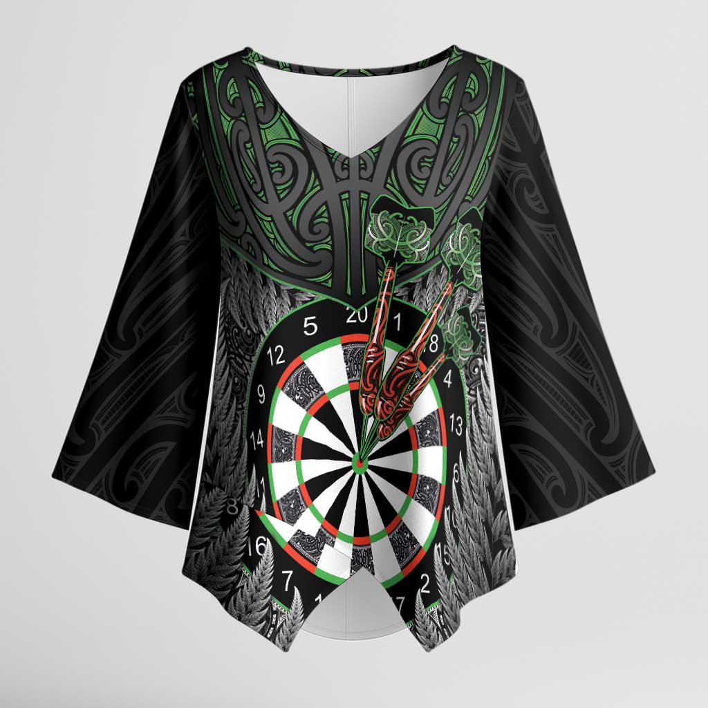 Personalised New Zealand Darts Kimono Sleeve Blouse Dartboard Maori Fern Puhoro Art LT14 Female Black - Polynesian Pride