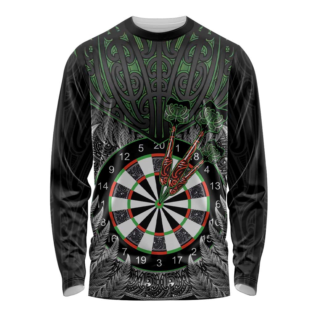 Personalised New Zealand Darts Long Sleeve Shirt Dartboard Maori Fern Puhoro Art