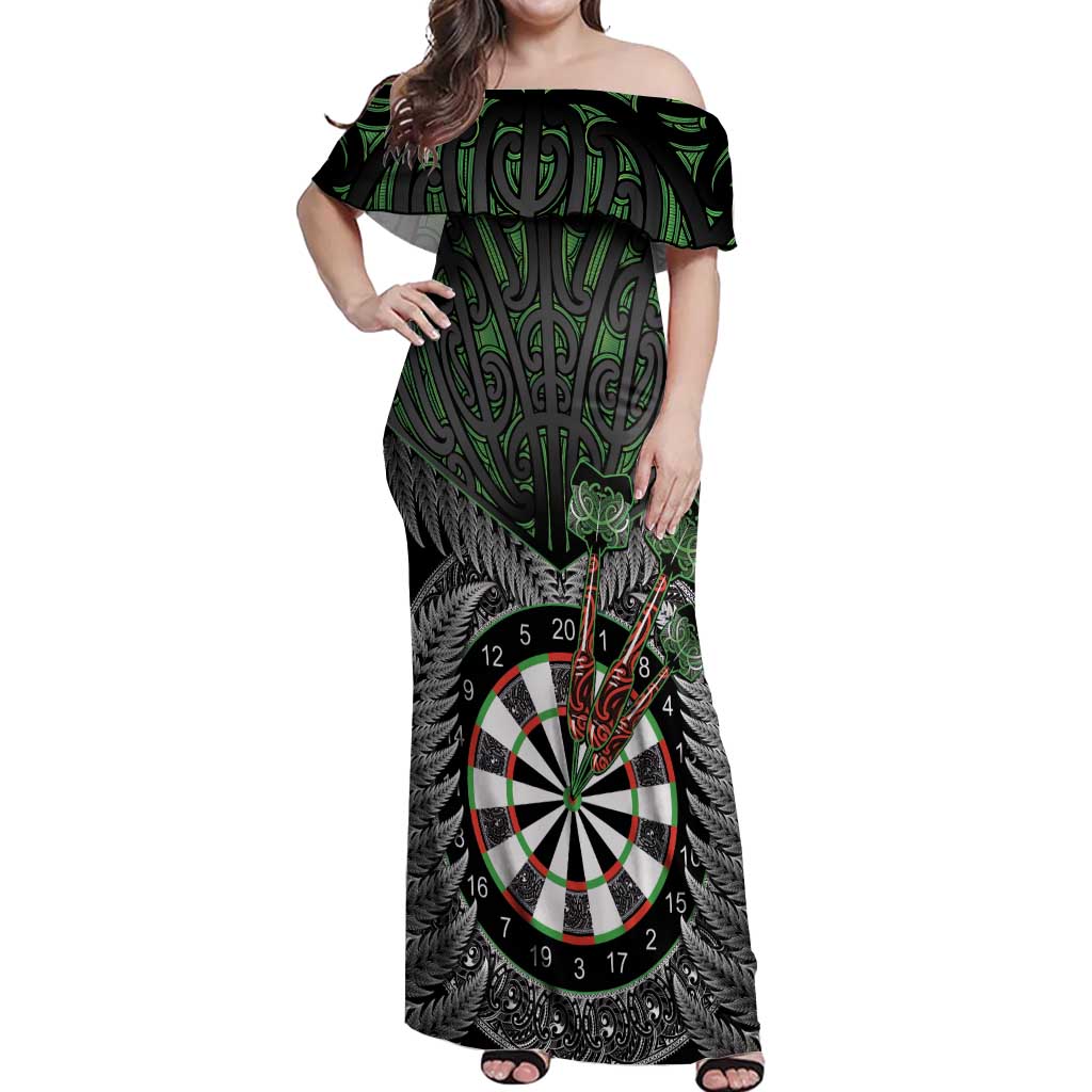 Personalised New Zealand Darts Off Shoulder Maxi Dress Dartboard Maori Fern Puhoro Art
