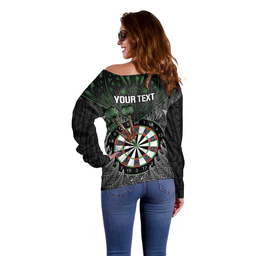 Personalised New Zealand Darts Off Shoulder Sweater Dartboard Maori Fern Puhoro Art