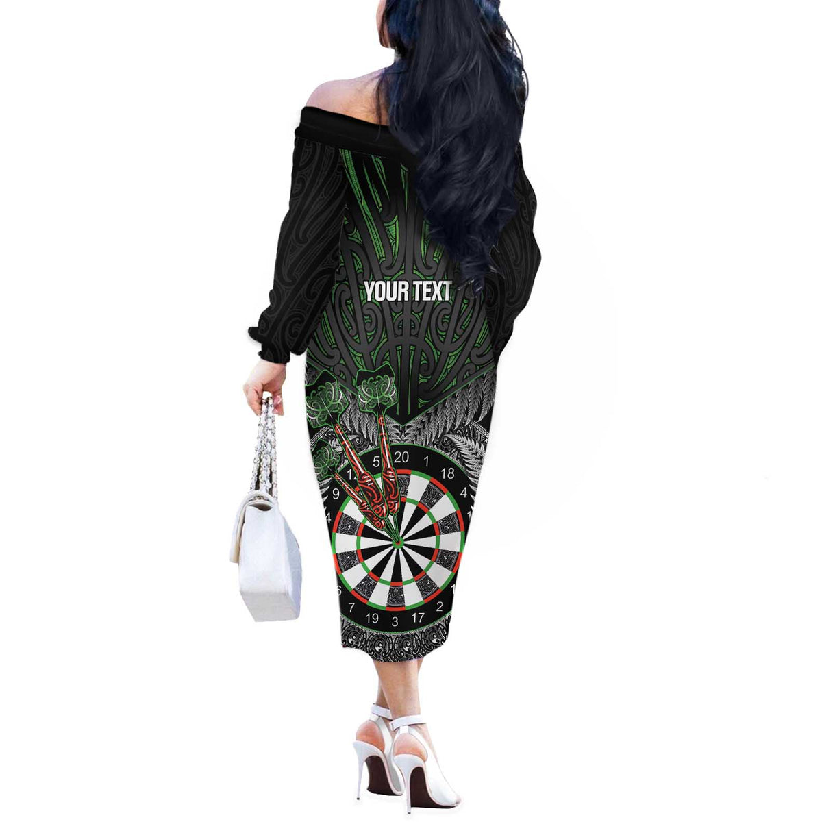 Personalised New Zealand Darts Off The Shoulder Long Sleeve Dress Dartboard Maori Fern Puhoro Art