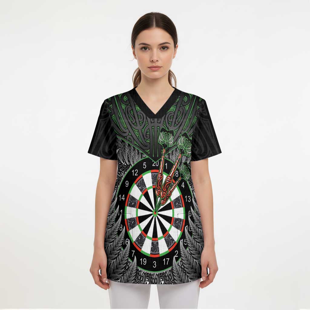 Personalised New Zealand Darts Scrub Top Dartboard Maori Fern Puhoro Art - Polynesian Pride
