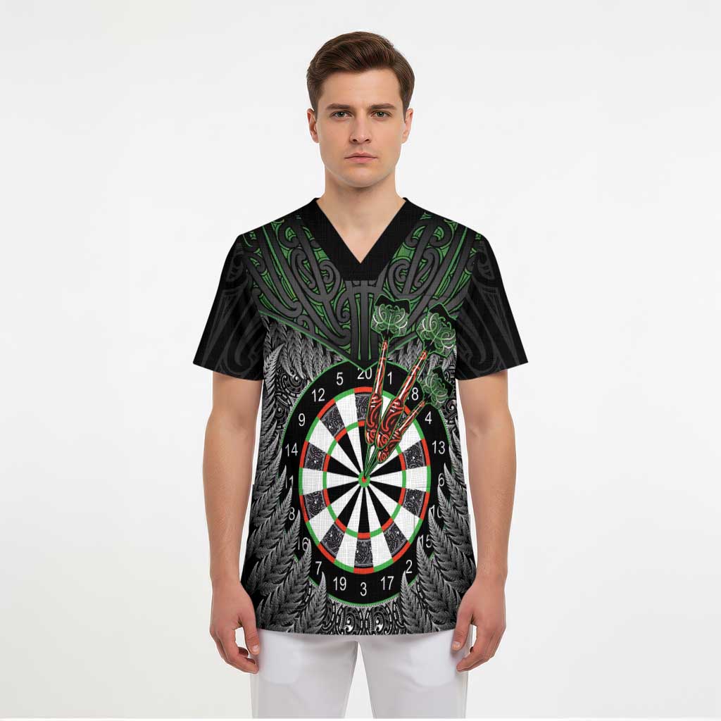 Personalised New Zealand Darts Scrub Top Dartboard Maori Fern Puhoro Art - Polynesian Pride