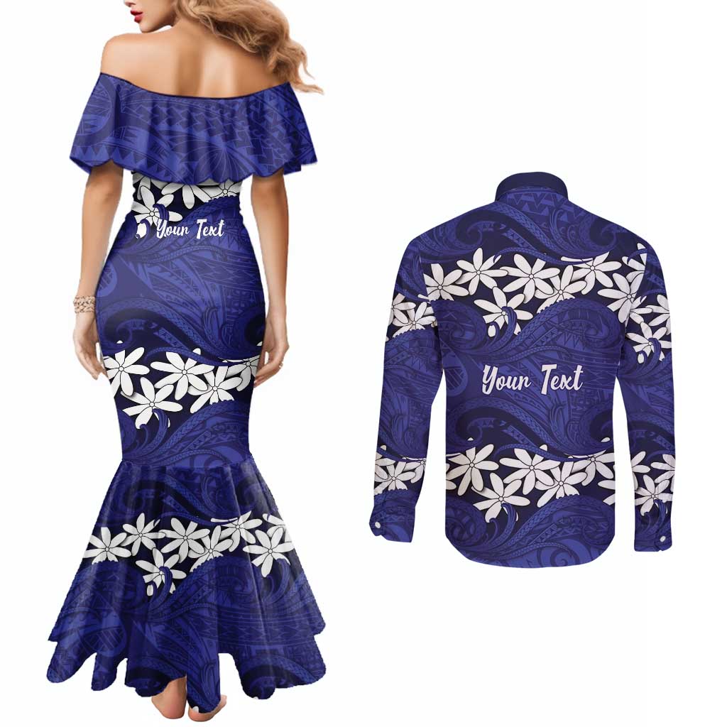 Personalised Cook Islands Pukapuka Couples Matching Mermaid Dress and Long Sleeve Button Shirt Tiare Maori Polynesian Waves Tattoo LT14 - Polynesian Pride