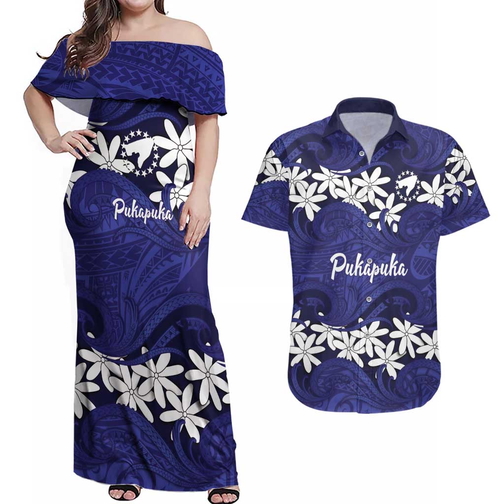 Personalised Cook Islands Pukapuka Couples Matching Off Shoulder Maxi Dress and Hawaiian Shirt Tiare Maori Polynesian Waves Tattoo LT14 Blue - Polynesian Pride