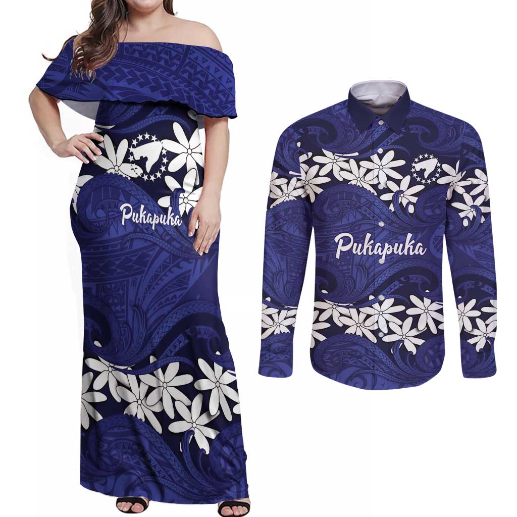 Personalised Cook Islands Pukapuka Couples Matching Off Shoulder Maxi Dress and Long Sleeve Button Shirt Tiare Maori Polynesian Waves Tattoo LT14 Blue - Polynesian Pride