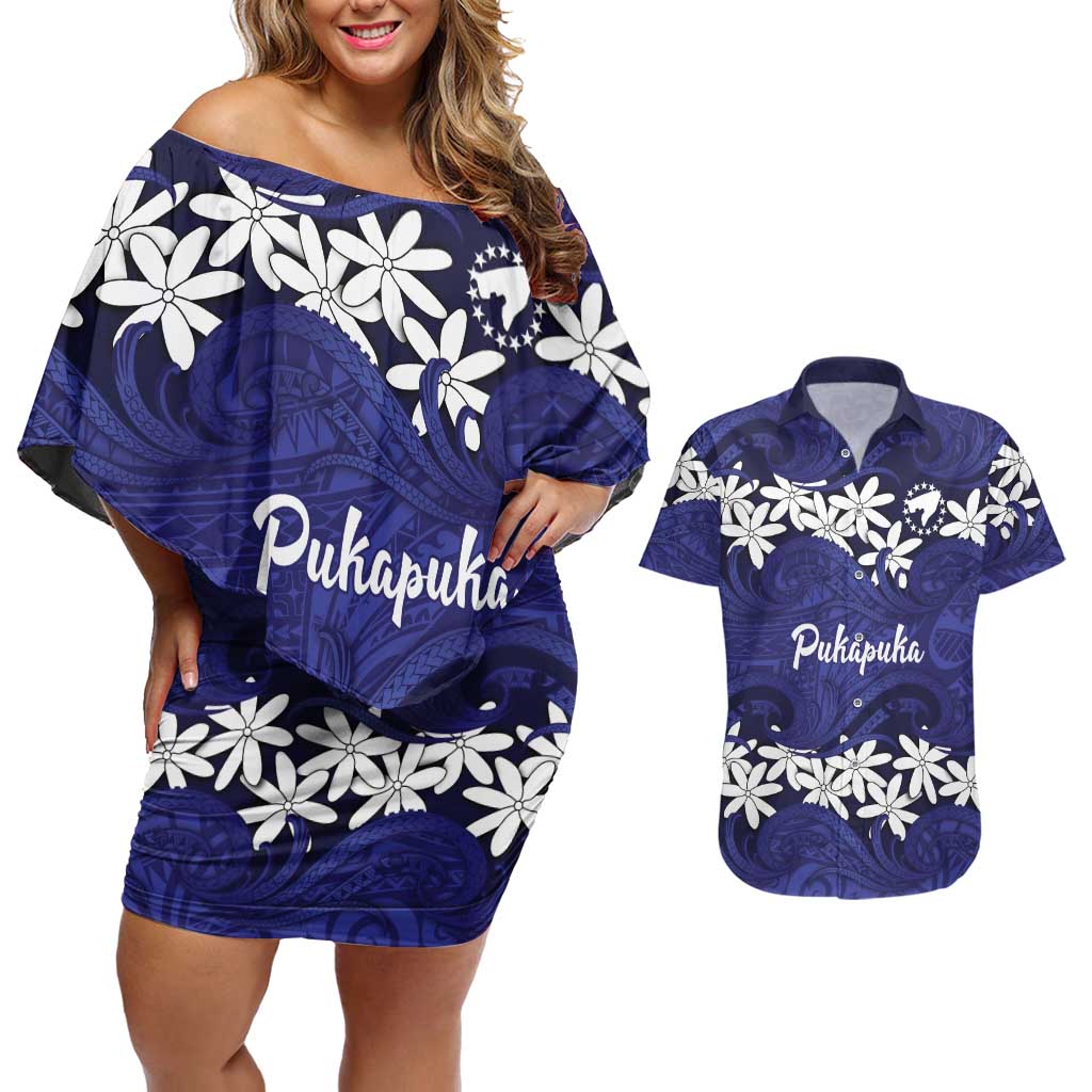 Personalised Cook Islands Pukapuka Couples Matching Off Shoulder Short Dress and Hawaiian Shirt Tiare Maori Polynesian Waves Tattoo LT14 Blue - Polynesian Pride