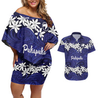 Personalised Cook Islands Pukapuka Couples Matching Off Shoulder Short Dress and Hawaiian Shirt Tiare Maori Polynesian Waves Tattoo LT14 Blue - Polynesian Pride