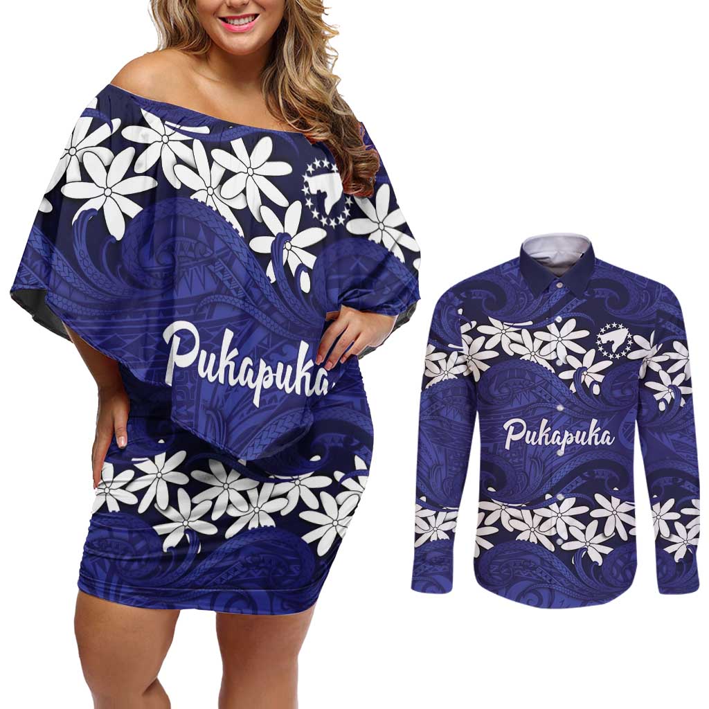 Personalised Cook Islands Pukapuka Couples Matching Off Shoulder Short Dress and Long Sleeve Button Shirt Tiare Maori Polynesian Waves Tattoo LT14 Blue - Polynesian Pride