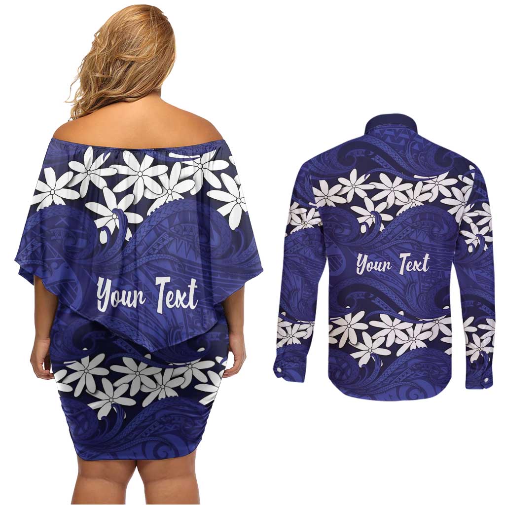 Personalised Cook Islands Pukapuka Couples Matching Off Shoulder Short Dress and Long Sleeve Button Shirt Tiare Maori Polynesian Waves Tattoo LT14 - Polynesian Pride