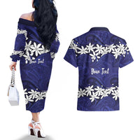 Personalised Cook Islands Pukapuka Couples Matching Off The Shoulder Long Sleeve Dress and Hawaiian Shirt Tiare Maori Polynesian Waves Tattoo
