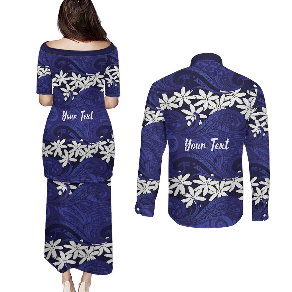 Personalised Cook Islands Pukapuka Couples Matching Puletasi and Long Sleeve Button Shirt Tiare Maori Polynesian Waves Tattoo LT14 - Polynesian Pride