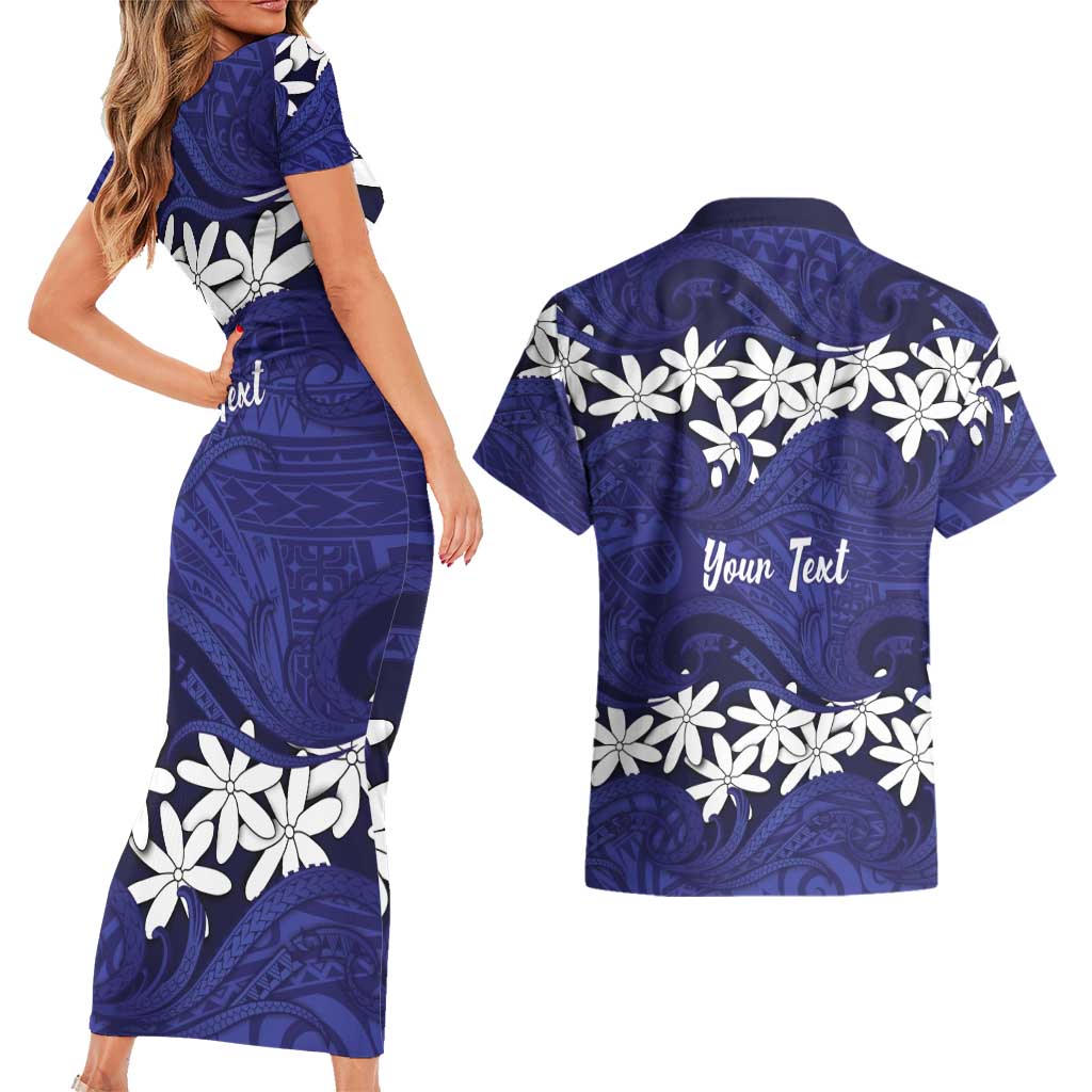 Personalised Cook Islands Pukapuka Couples Matching Short Sleeve Bodycon Dress and Hawaiian Shirt Tiare Maori Polynesian Waves Tattoo
