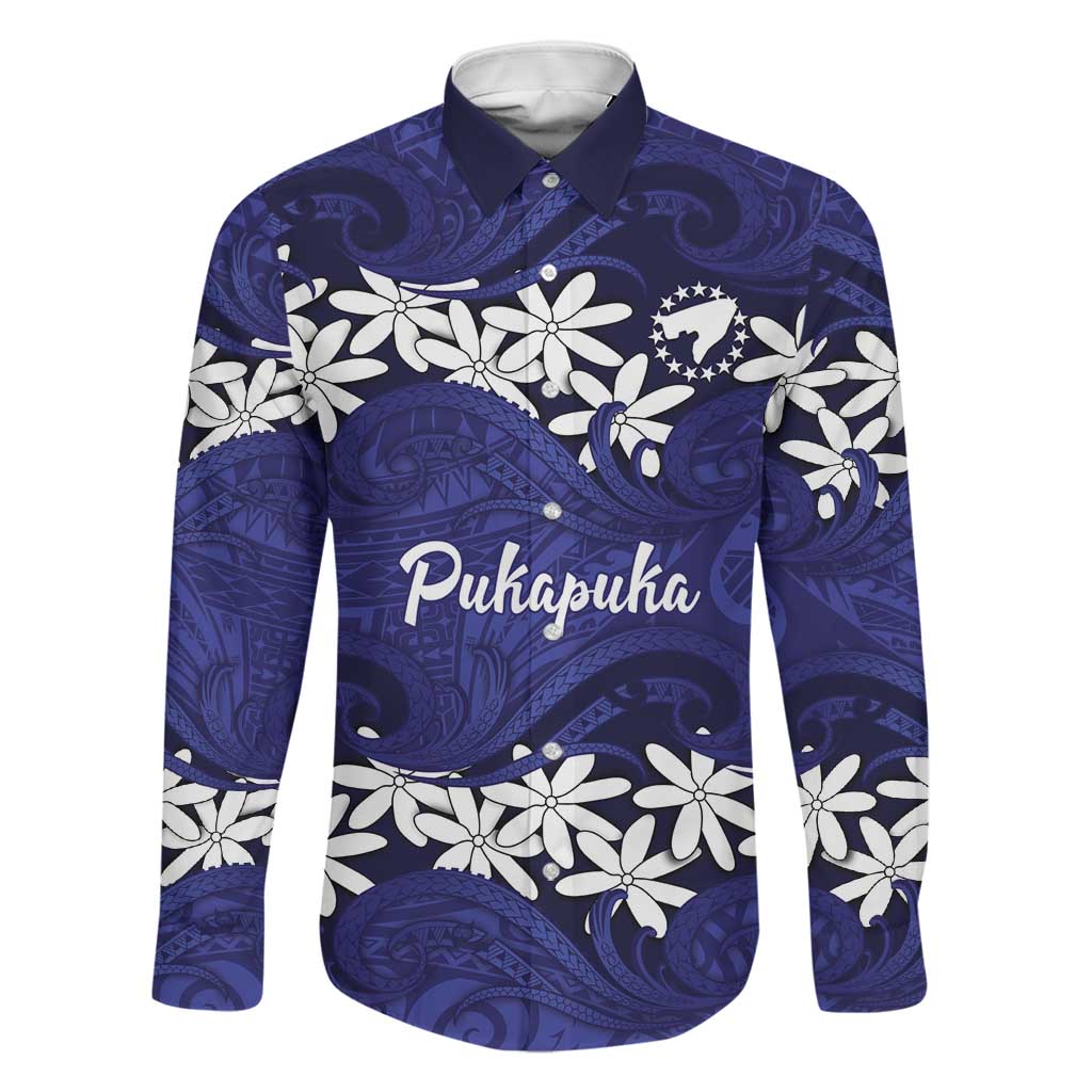 Personalised Cook Islands Pukapuka Family Matching Long Sleeve Bodycon Dress and Hawaiian Shirt Tiare Maori Polynesian Waves Tattoo LT14 Dad's Shirt - Long Sleeve Blue - Polynesian Pride