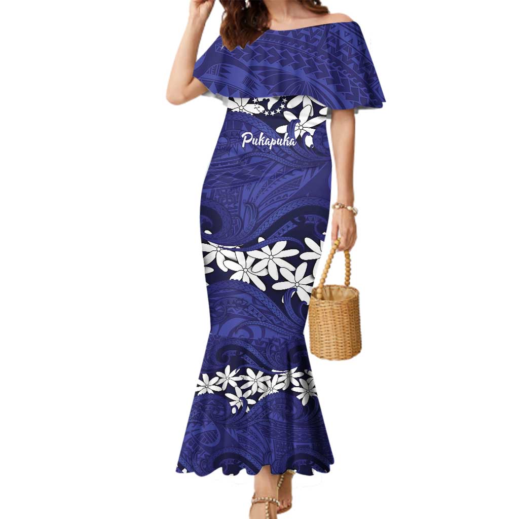 Personalised Cook Islands Pukapuka Family Matching Mermaid Dress and Hawaiian Shirt Tiare Maori Polynesian Waves Tattoo LT14 Mom's Dress Blue - Polynesian Pride