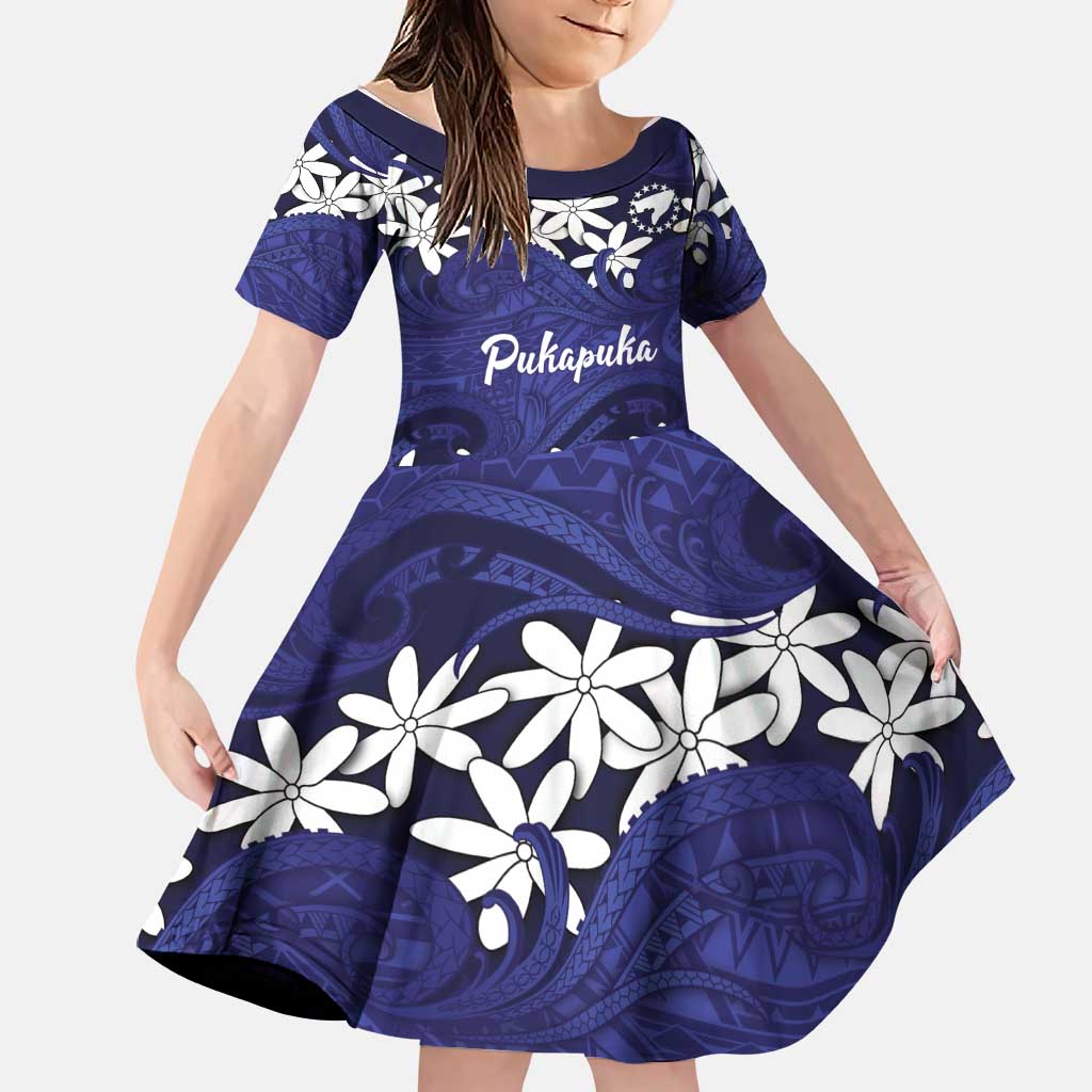 Personalised Cook Islands Pukapuka Family Matching Off The Shoulder Long Sleeve Dress and Hawaiian Shirt Tiare Maori Polynesian Waves Tattoo LT14 Daughter's Dress Blue - Polynesian Pride