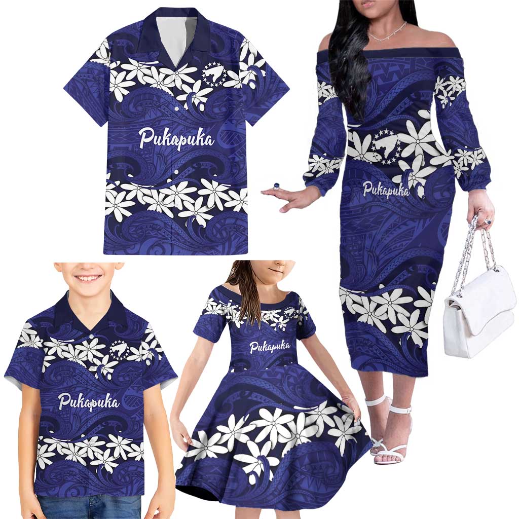 Personalised Cook Islands Pukapuka Family Matching Off The Shoulder Long Sleeve Dress and Hawaiian Shirt Tiare Maori Polynesian Waves Tattoo LT14 - Polynesian Pride