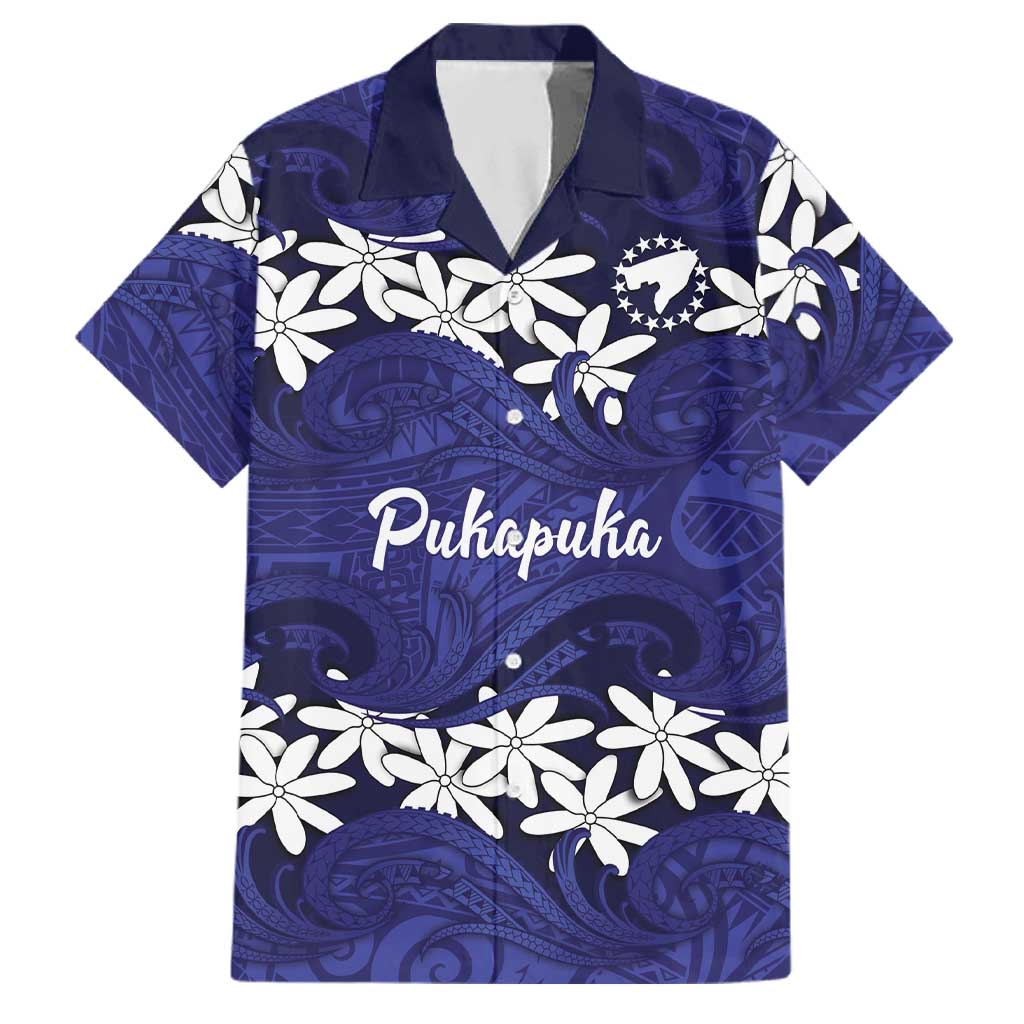 Personalised Cook Islands Pukapuka Family Matching Off The Shoulder Long Sleeve Dress and Hawaiian Shirt Tiare Maori Polynesian Waves Tattoo LT14 Dad's Shirt - Short Sleeve Blue - Polynesian Pride