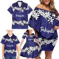Personalised Cook Islands Pukapuka Family Matching Off Shoulder Short Dress and Hawaiian Shirt Tiare Maori Polynesian Waves Tattoo LT14 - Polynesian Pride