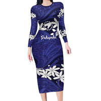 Personalised Cook Islands Pukapuka Long Sleeve Bodycon Dress Tiare Maori Polynesian Waves Tattoo LT14 Long Dress Blue - Polynesian Pride