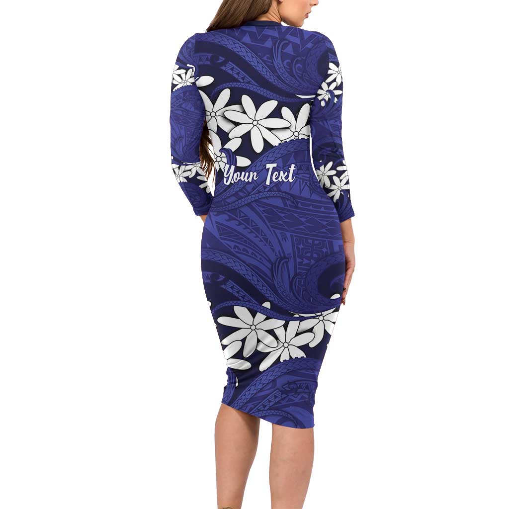 Personalised Cook Islands Pukapuka Long Sleeve Bodycon Dress Tiare Maori Polynesian Waves Tattoo LT14 - Polynesian Pride