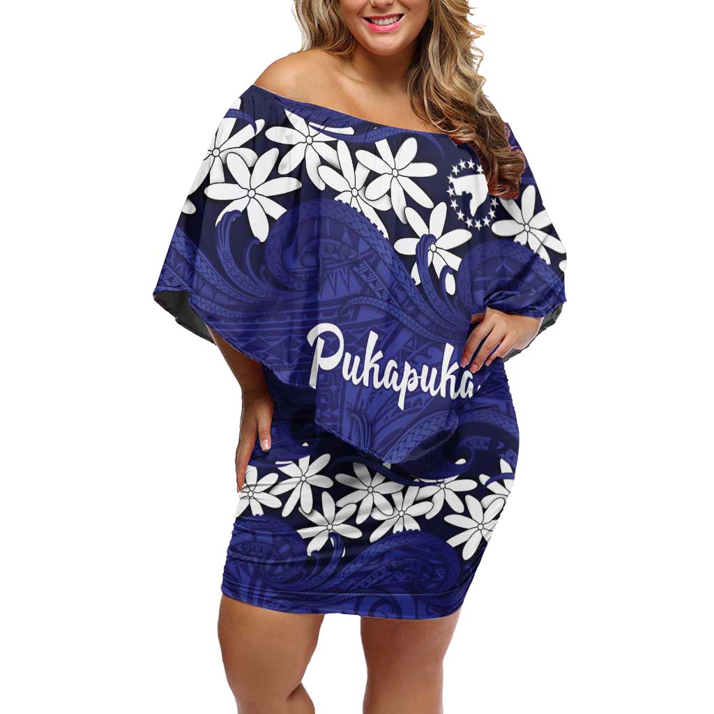 Personalised Cook Islands Pukapuka Off Shoulder Short Dress Tiare Maori Polynesian Waves Tattoo