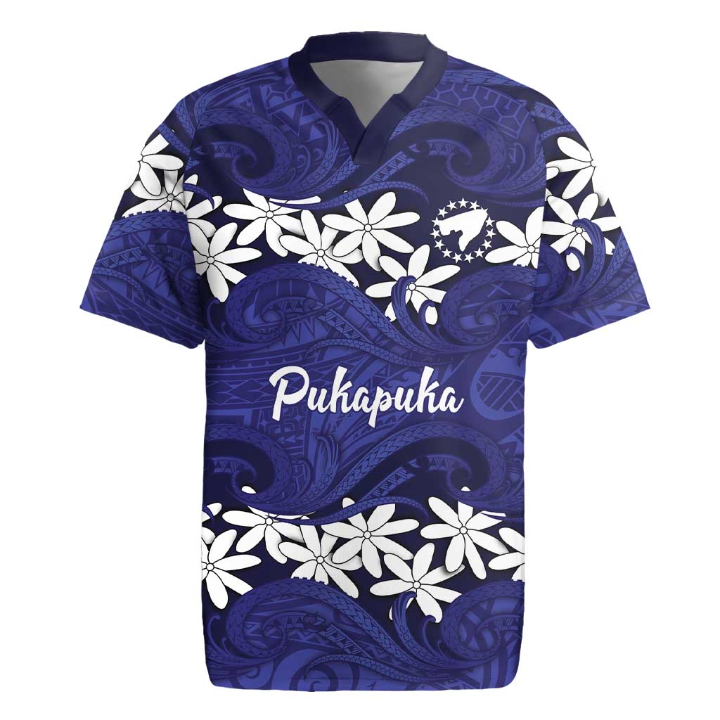 Personalised Cook Islands Pukapuka Rugby Jersey Tiare Maori Polynesian Waves Tattoo
