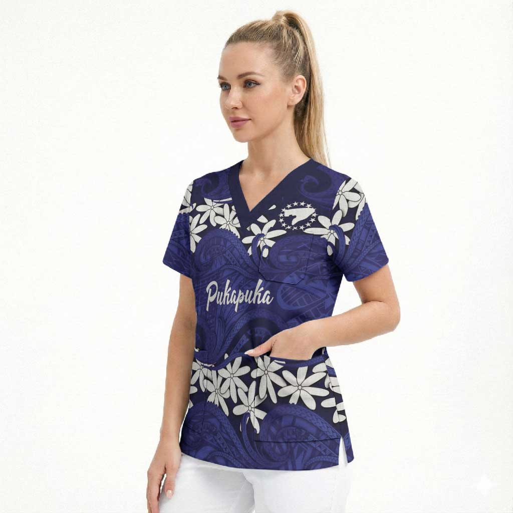 Personalised Cook Islands Pukapuka Scrub Top Tiare Maori Polynesian Waves Tattoo