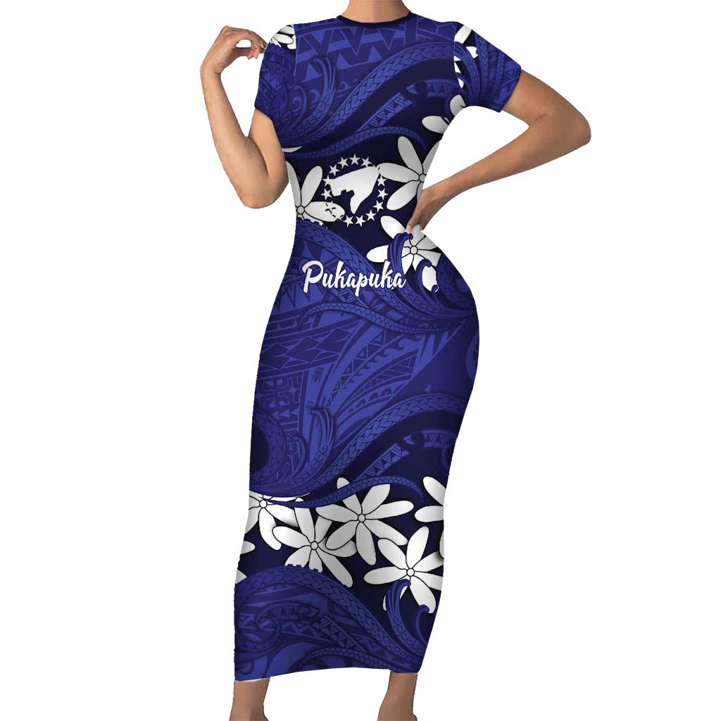 Personalised Cook Islands Pukapuka Short Sleeve Bodycon Dress Tiare Maori Polynesian Waves Tattoo LT14 Long Dress Blue - Polynesian Pride