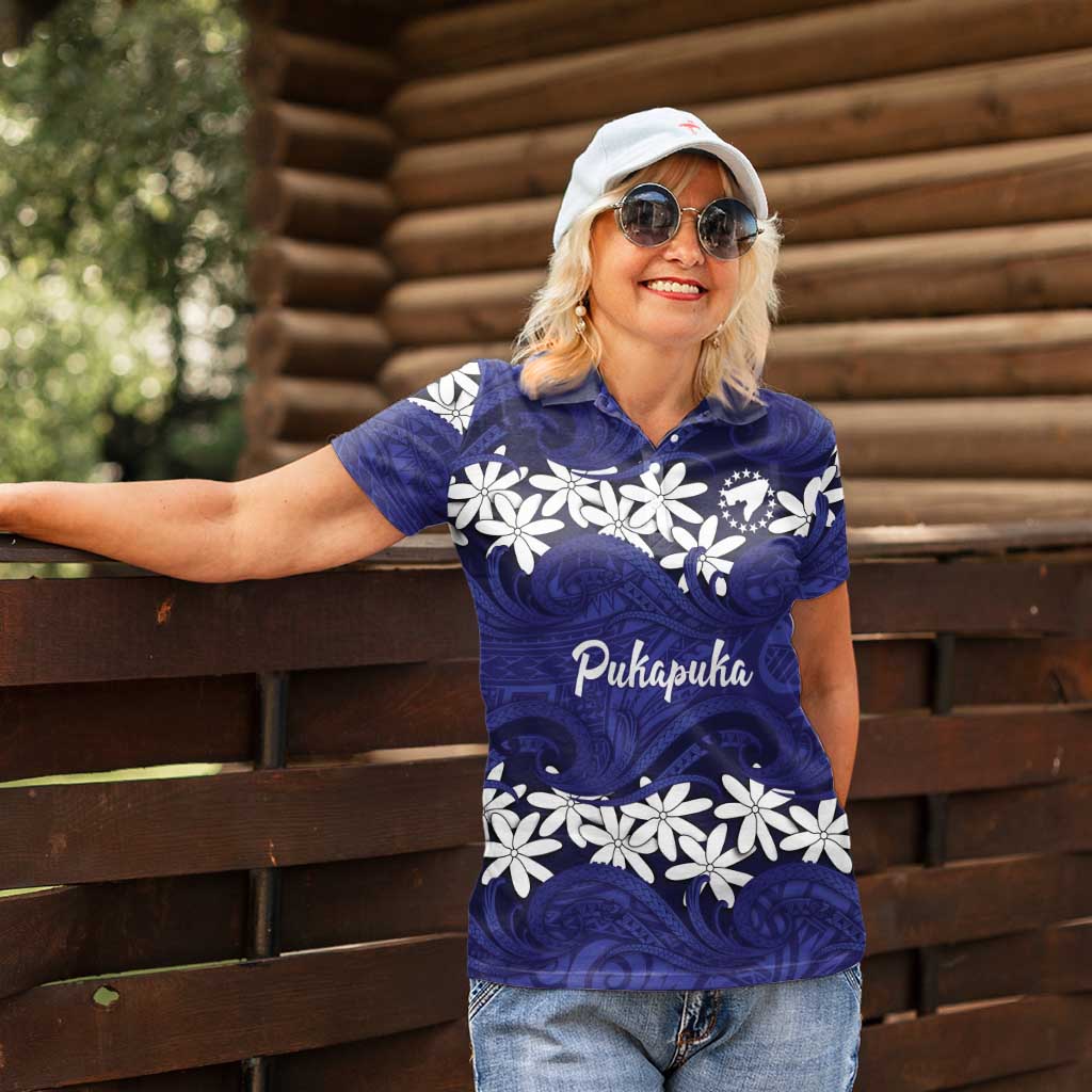 Personalised Cook Islands Pukapuka Women Polo Shirt Tiare Maori Polynesian Waves Tattoo LT14 - Polynesian Pride