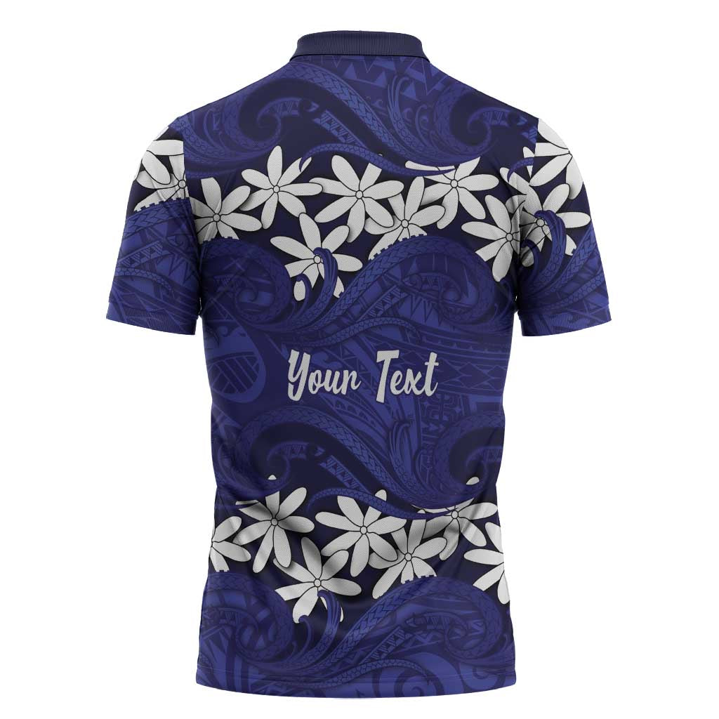 Personalised Cook Islands Pukapuka Zipper Polo Shirt Tiare Maori Polynesian Waves Tattoo