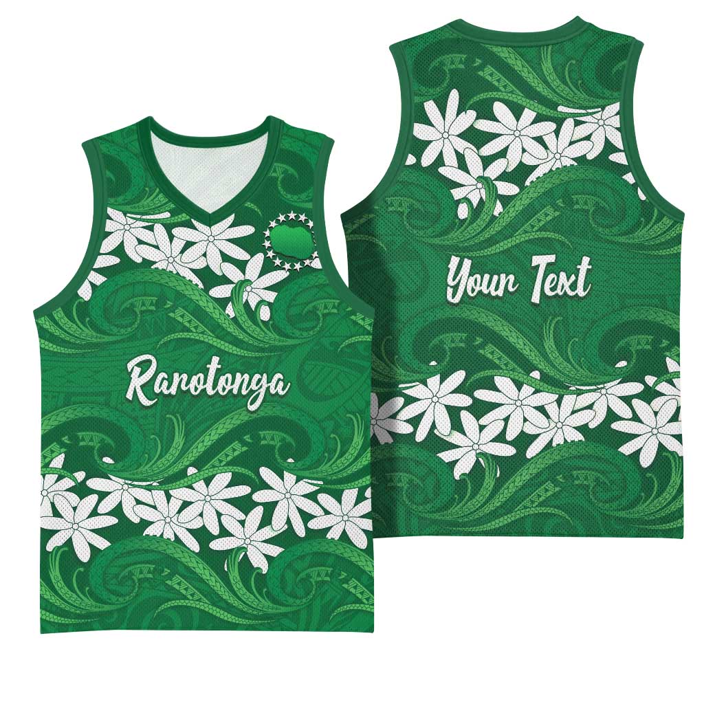 Personalised Cook Islands Rarotonga Basketball Jersey Tiare Maori Polynesian Waves Tattoo