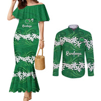 Personalised Cook Islands Rarotonga Couples Matching Mermaid Dress and Long Sleeve Button Shirt Tiare Maori Polynesian Waves Tattoo LT14 Green - Polynesian Pride